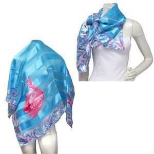 Vintage Bijoux Terner Silky Scarf Poly Tropical Birds Pink Blues Turquoise 1990s